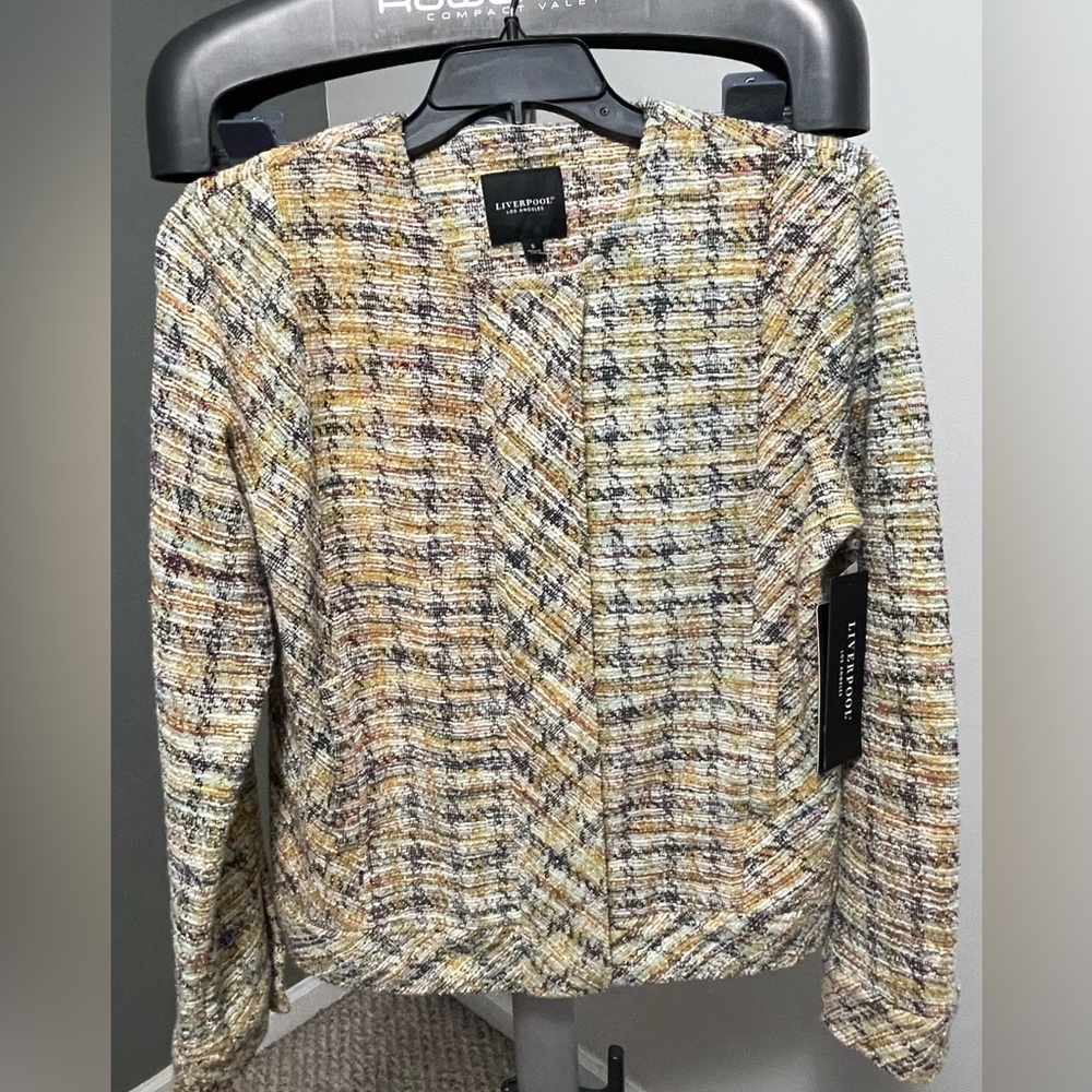 Liverpool Women's Collarless Tweed Boucle Jacket Mustard Multi Plaid Small NWT